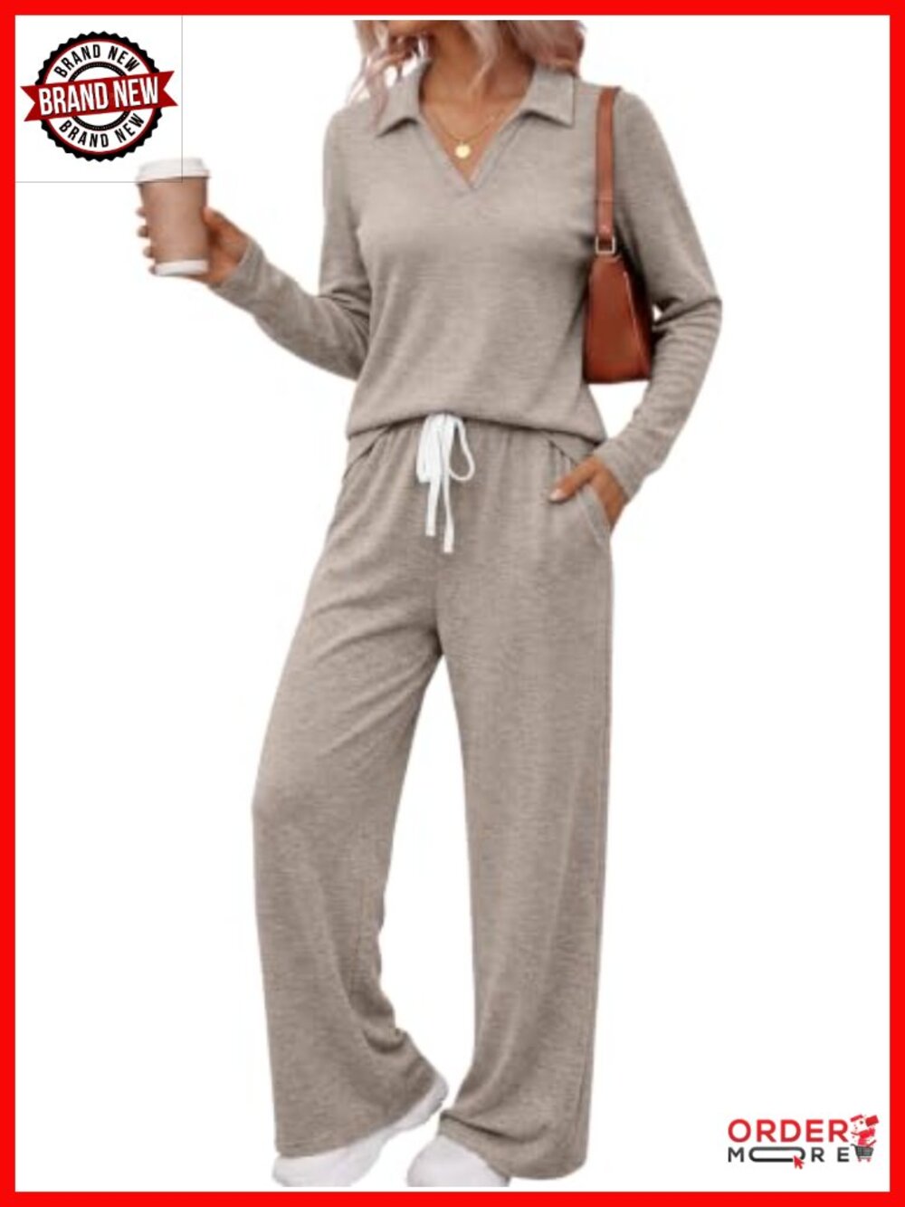 Women's 2 Piece Lounge Set Long Sleeve Polo Top Wide Leg Pants Tracksuit